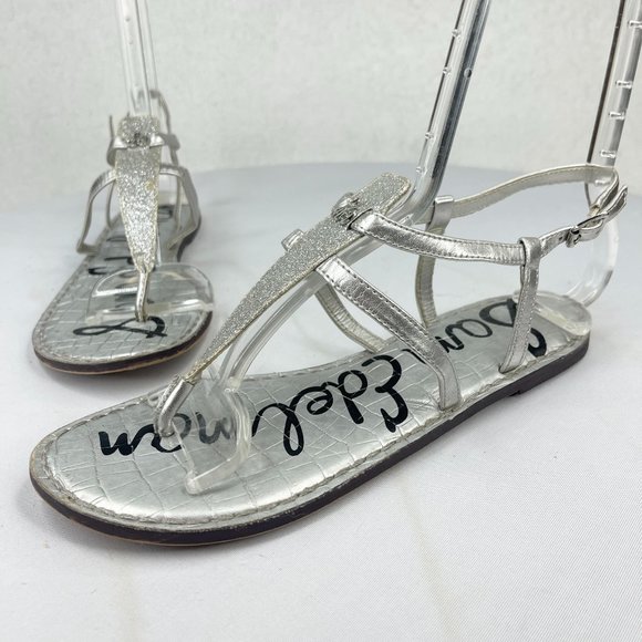 SAM EDLEMAN Womens Gigi Silver Shimmer Metallic Leather Thong Sandal Ankle Strap - Picture 1 of 10